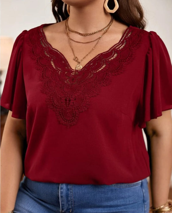 Plus Contrast lace frill sleeve top