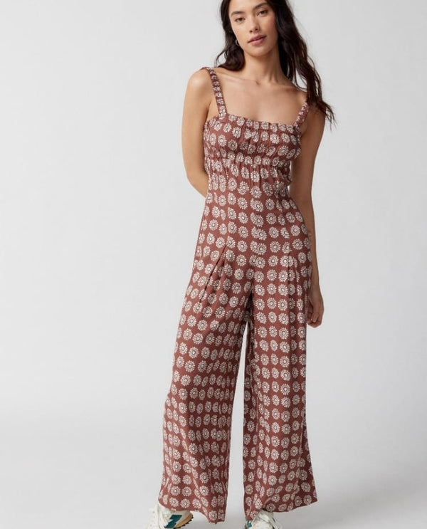 Back less tie printed linen jumpsuits brown