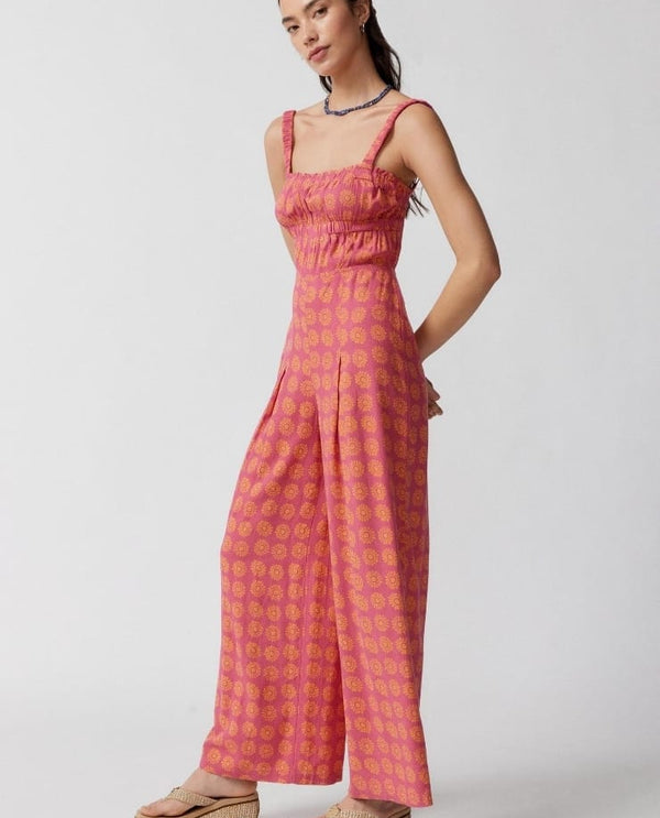 Back less tie printed linen jumpsuits pink