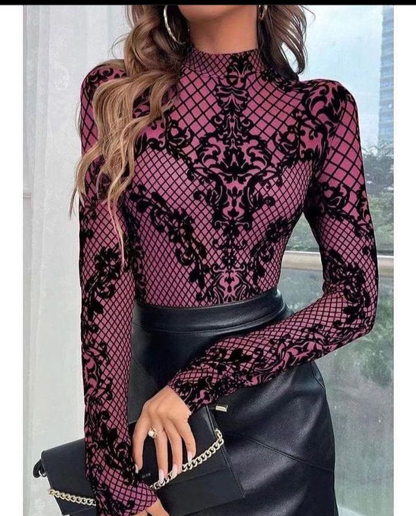 High neck mesh velvet bodysuit pink