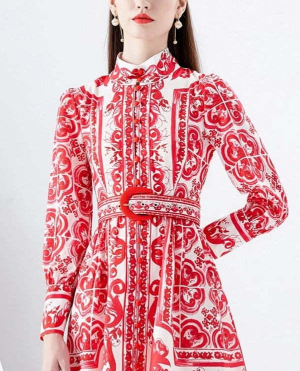 Floral paisley shirt dress with belt red