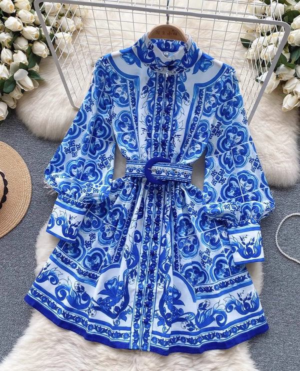 Floral paisley shirt dress with belt blue