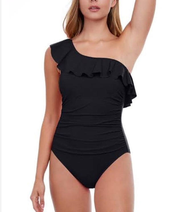 Frilled one shoulder one piece swimsuit with pad