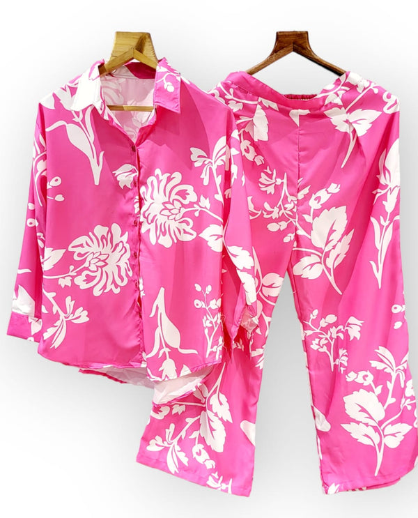 Floral print oversized shirt and loose pant set pink