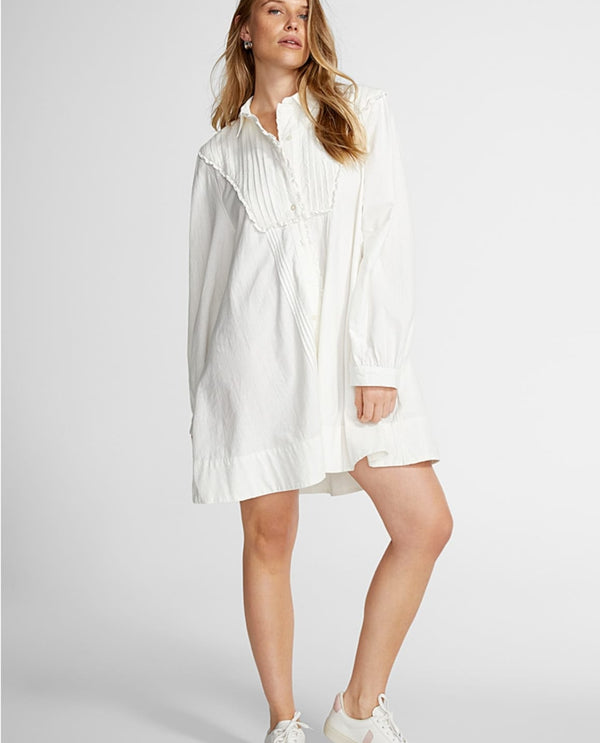 Frill and pleated buttonup cotton shirt dress white