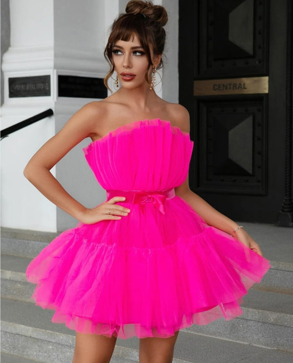 Pink short layered tulle dress