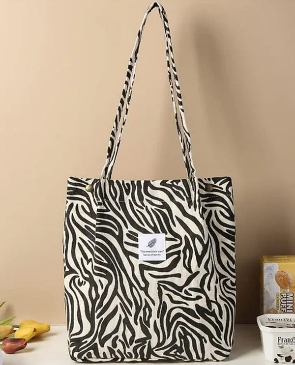 Black n white zebra print canvas shopping tote bag