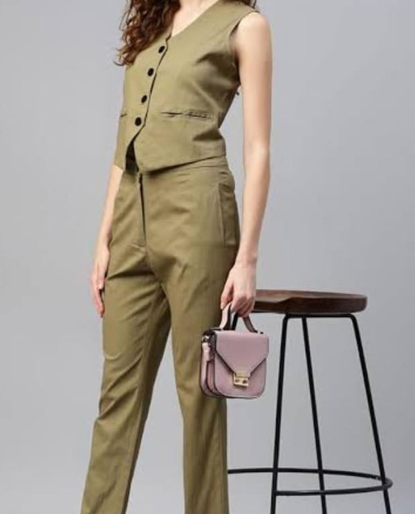 Buttonup waistcoat and pleated pant co ord khaki