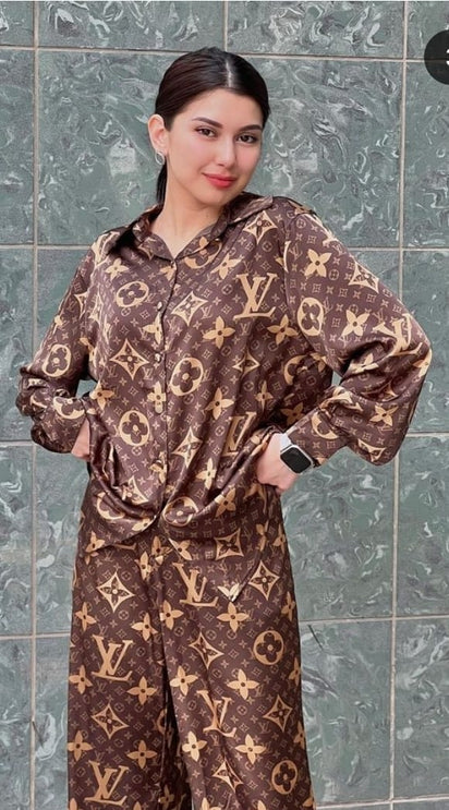 LV print oversized shirt and loose pant Brown