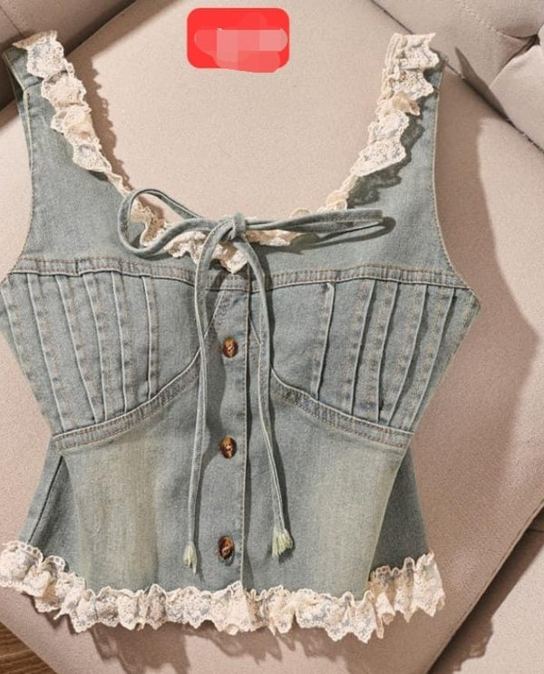 Lace detail buttonup denim corset top