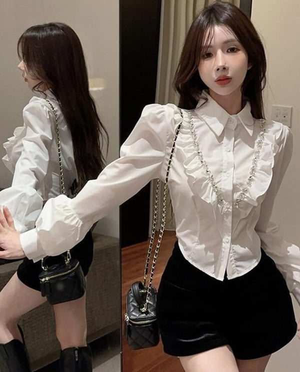 Puff sleeve ruffle buttonup regular shirt