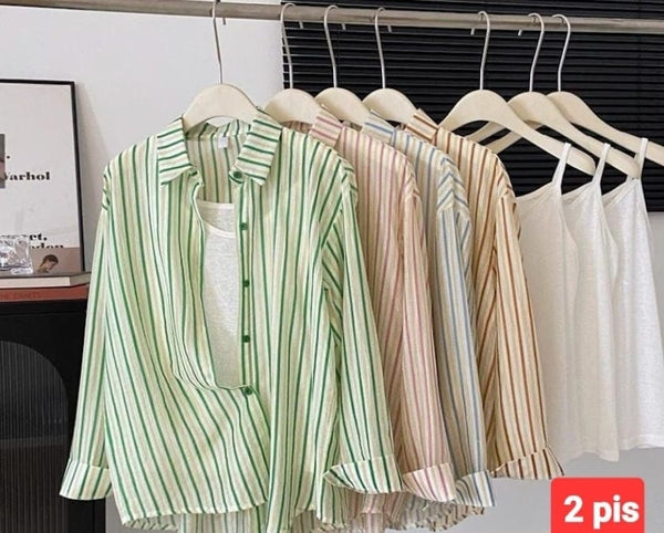 Stripe loose shirt with cami inside free( green)