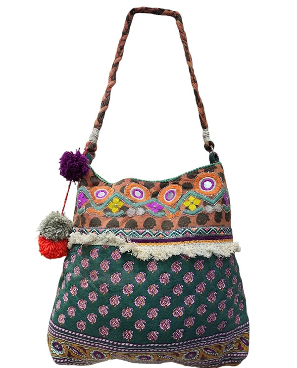 Embroidery and mirror work block print hang bag