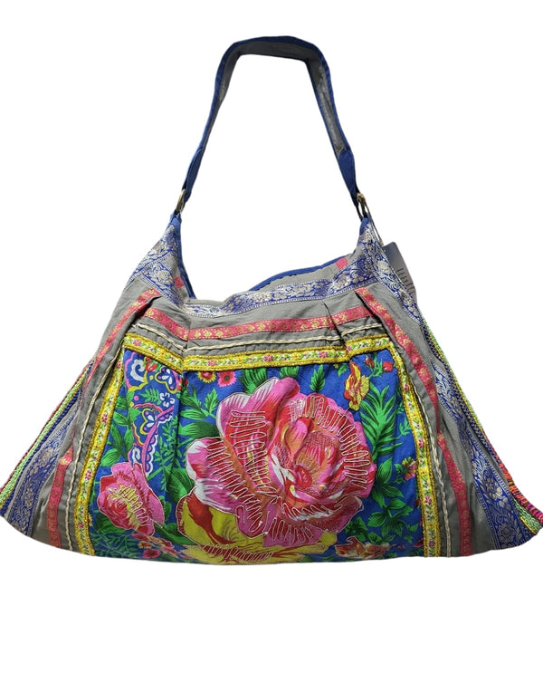 Embroidery and zari detailed floral print tote