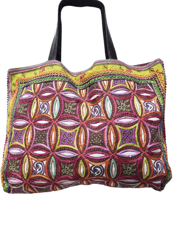 Embroidered multi square tote bag