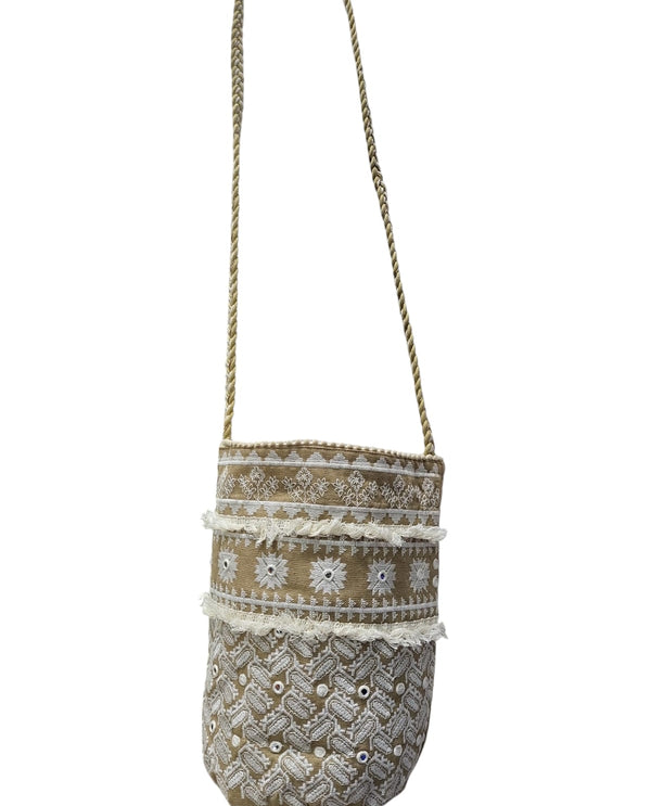 Fern sling bag with white embroidery and mirror work Croatia with metal detailing sling bag