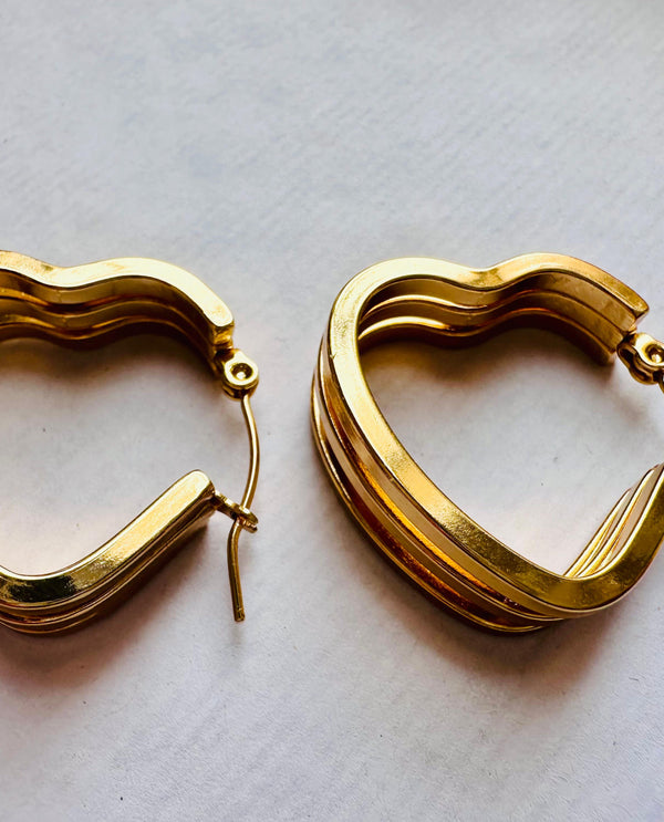 18K gold plated layered heart hoops