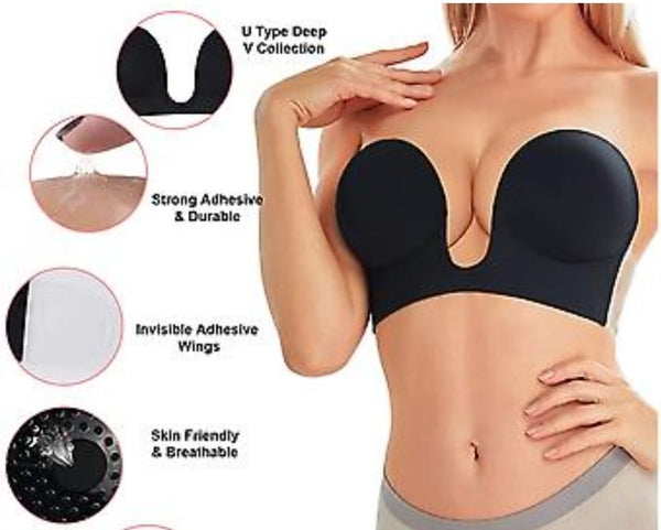 Plunge neck silicon adhesive backless bra black