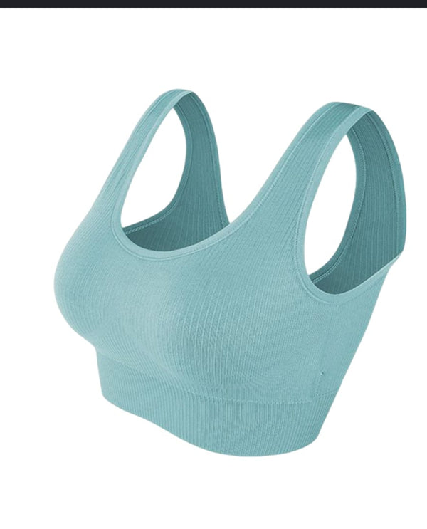 Stretchable seamless rib tank sports bra aqua