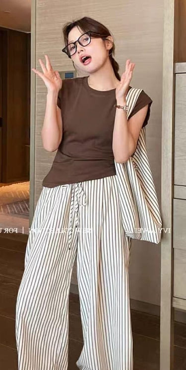 Stripe pant with basic tee and stripe bag 3 pcs set brown