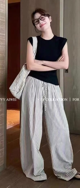 Stripe pant with basic tee and stripe bag 3 pcs set black