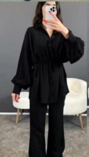 Belted loose ling shirt with extra flare Palazzo co ord set black