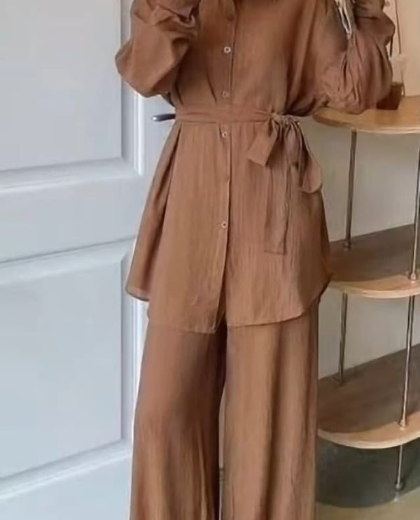 Belted loose ling shirt with extra flare Palazzo co ord set brown