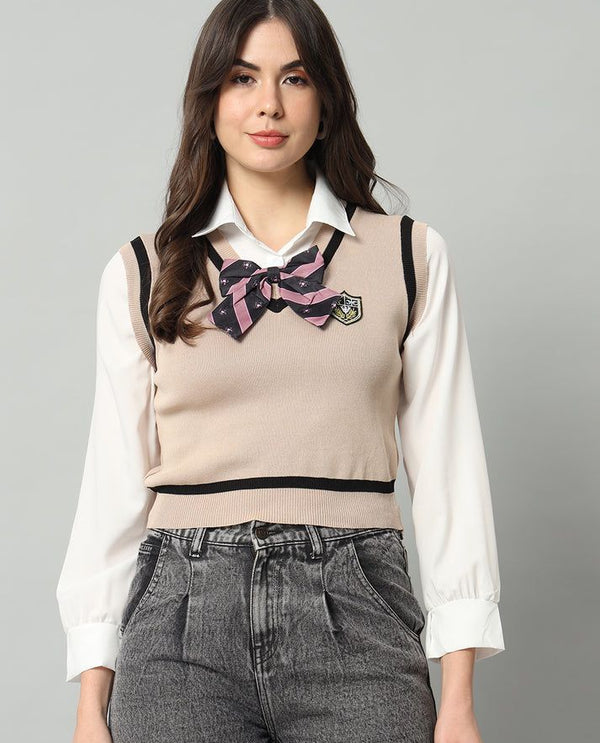 Hm puff full sleeve cotton collar top beige