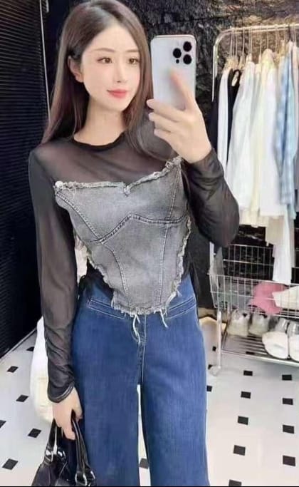 Plain full sleeve mesh detail denim corset top black