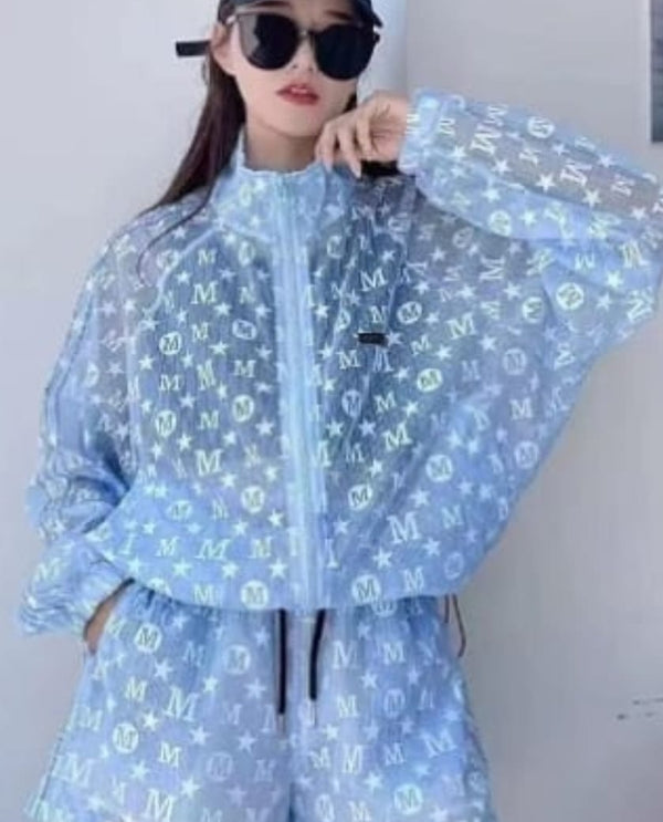 Breathable cotton net printed loose jacket and short co ord set blue