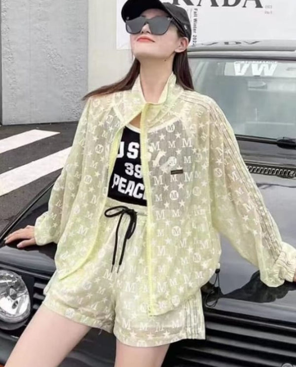 Breathable cotton net printed loose jacket and short co ord set lemon