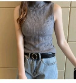 Knitting rib high neck sleevless top grey