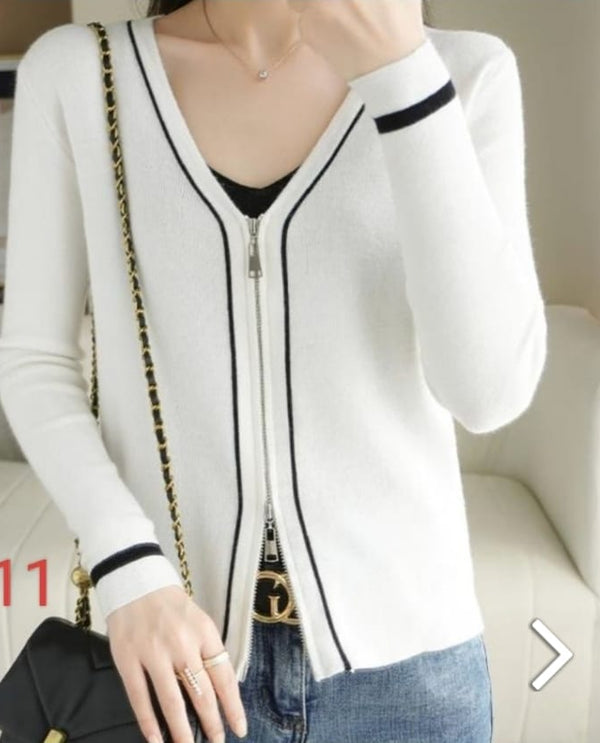 Knitting stretchable two side openable zipper white