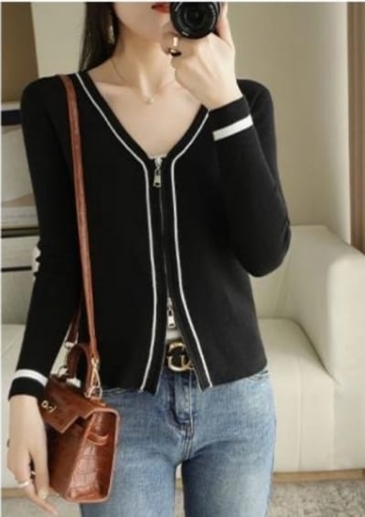 Knitting stretchable two side openable zipper black