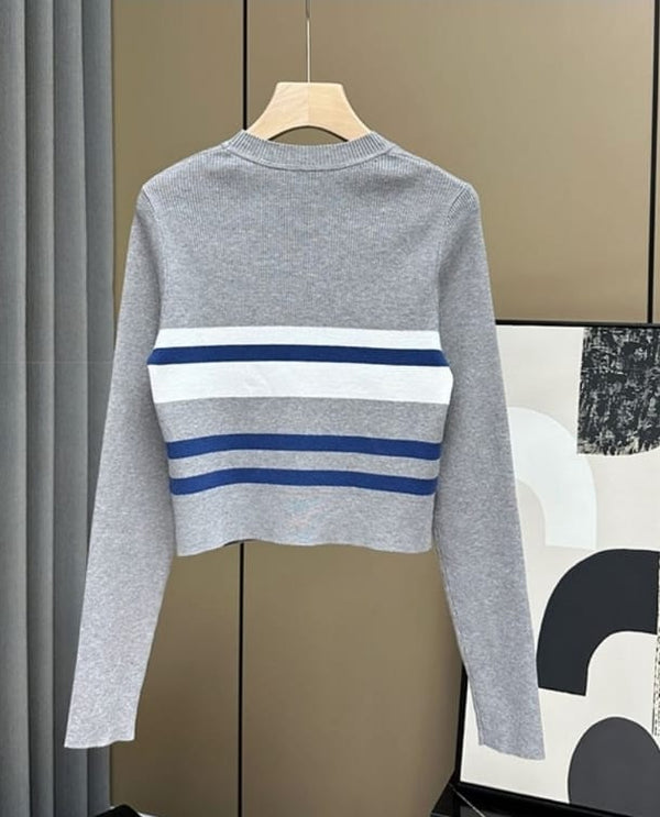 Round neck knitting full sleeve top grey