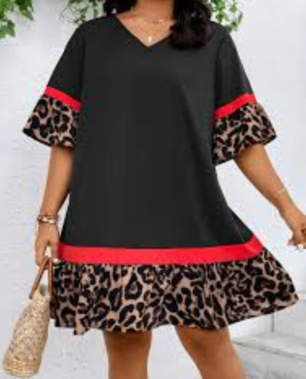 Leopard Print Flounce Sleeve swing dress