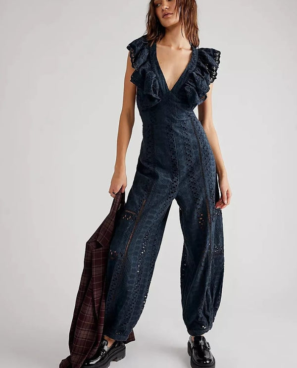 Eyelet chikan back tie frill v neck jumpsuit