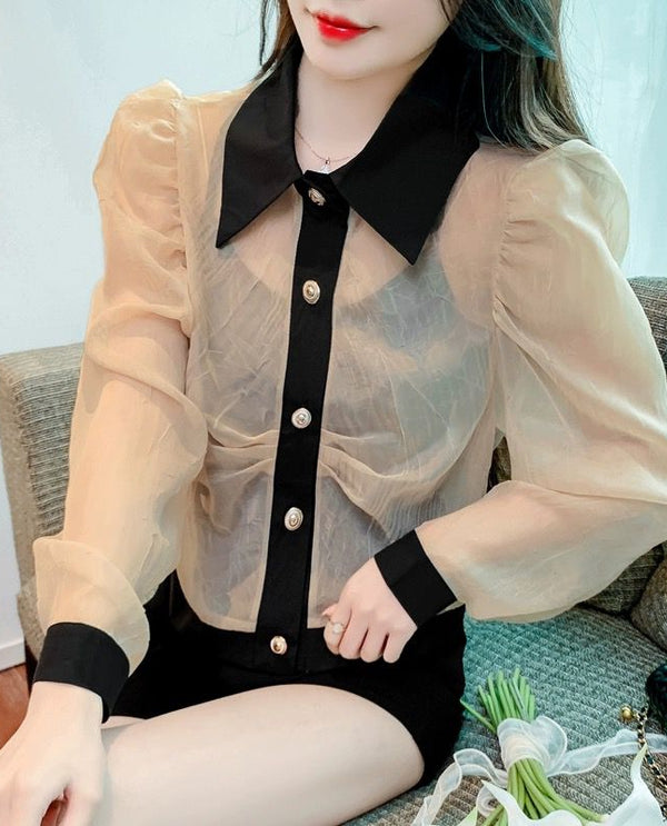 Imported georgette ruched golden button up shirt beige