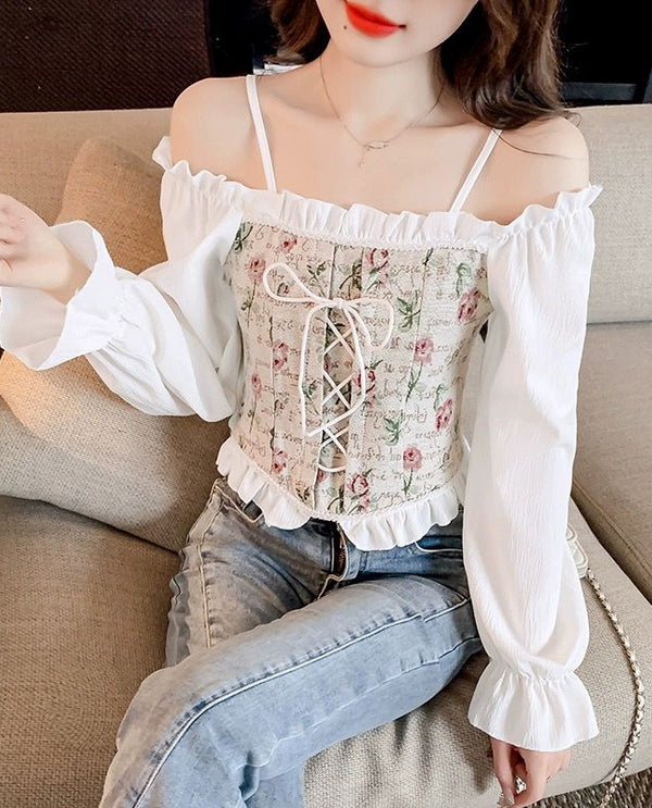 Lori floral lace cottage core buister full sleeve top beige