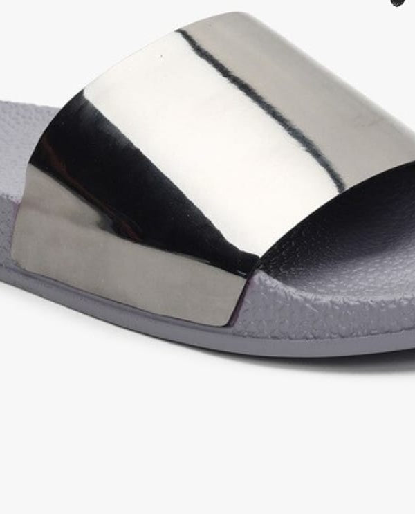 Grey open toe sliders