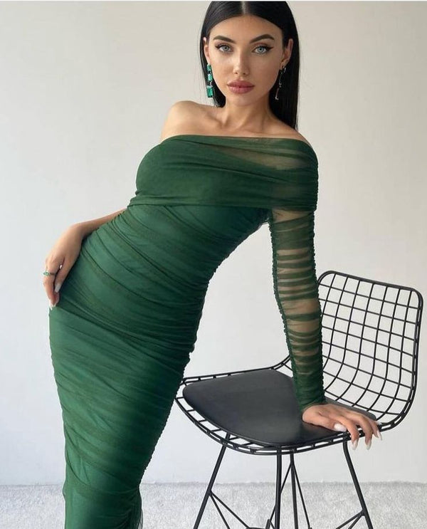 Overlap one shoulder mesh long dress green