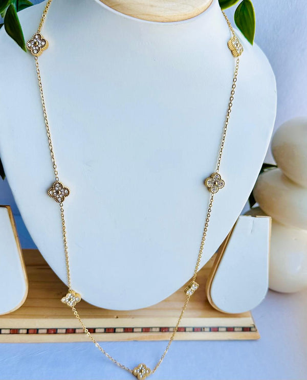 18k Gold plated zirconia studded long clover necklace