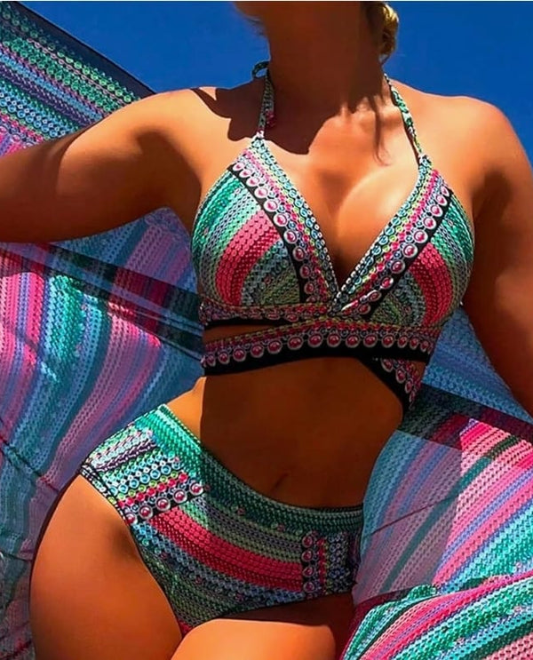 Multi dotted back tie  bikini two piece swim wear green