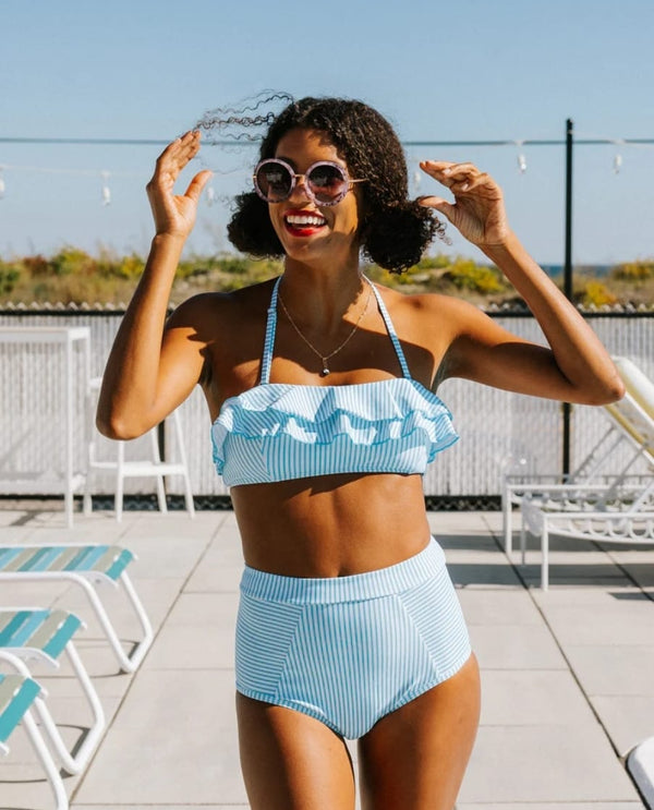 Ruffle cami top and high waist bikini set blue