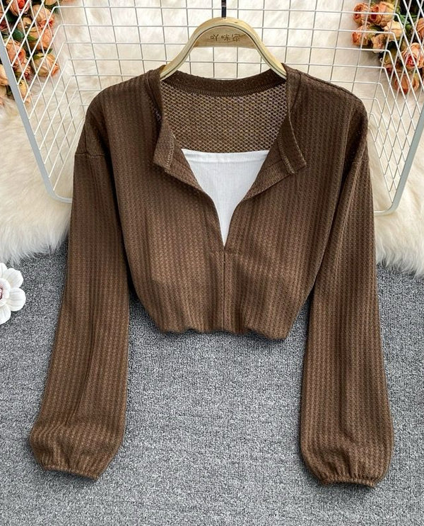 Open collar full puff sleeve cropp with cami brown