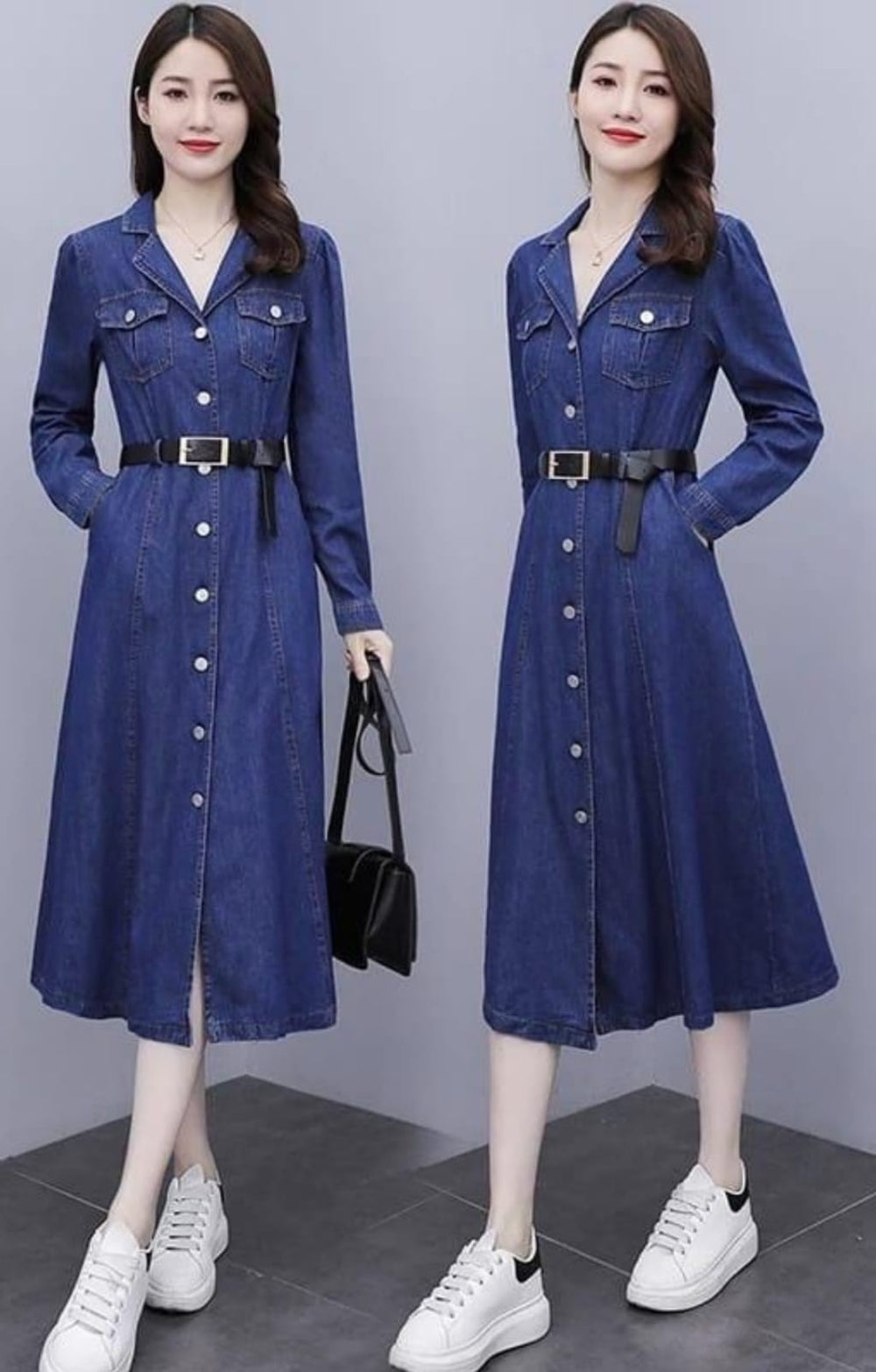 ClaClassic Denim maxi dress with shirt collar- Khaki-Blue - Being  Traditional - 4076658
