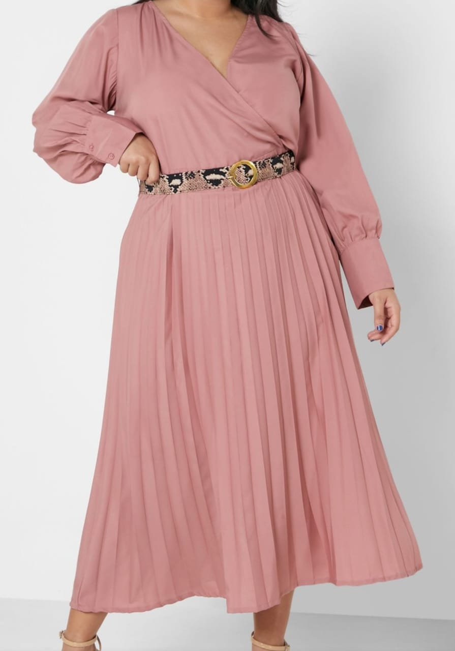 Plus belted half pleated full sleeve long midi dress - Cameo Outfits